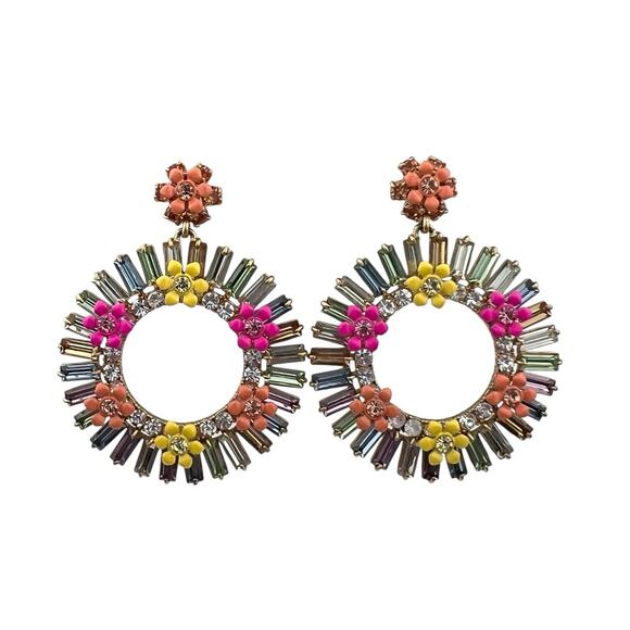 J. Crew Crystal Baguette Pierced Earrings Multicolor Floral Drop - Picture 1 of 10